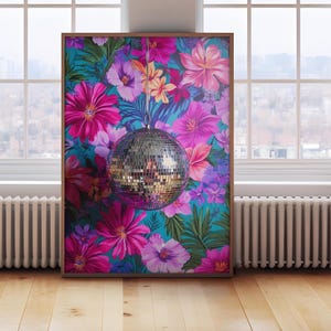 Disco Ball Wall Art – Funky Floral Printable Poster, Retro Party Decor, 70s-Inspired Poster, Colorful Boho Indie Decor, Trendy Retro Bar Art