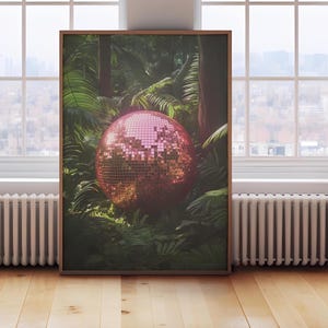 Póster de bola de discoteca de selva tropical retro, impresión de discoteca funky de los años 70, descarga de obra de arte digital, bola de espejos de lujo imprimible, bola de espejos grande para discoteca