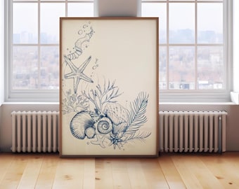 海岸の貝殻を使ったウォールアート、ミニマリストな海の線画、ビーチをモチーフにしたプリント、モダンで現代的なインテリア、デジタルダウンロード