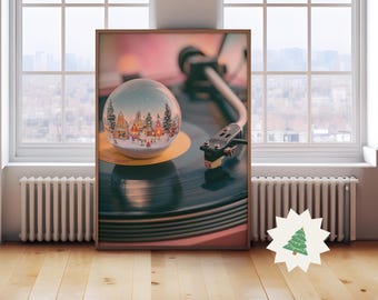 レトロなクリスマスプリント、ビニール製スノードームウォールアート、トレンディなホリデーウォールアート、ファンキーなクリスマスデコレーション、音楽付きクリスマスポスター、デジタルダウンロード