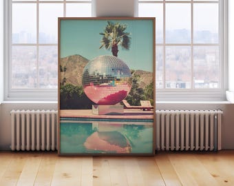 Retro discokula vid poolen, discokulatryck, Kalifornien väggkonst, retrokonsttryck, trendig väggkonst, retroposter, digital, stor väggkonst
