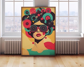 Retro Vinyl Record Art Poster, Funky Music Wall Decor, Bold Pop Art Portrait, Colorful Abstract Music Print, Aesthetic Room Art, Digital
