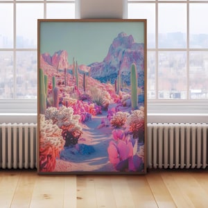 Paisaje desértico retro rosa, póster de cactus vintage, decoración artística para dormitorio, impresión botánica de arte de pared retro, regalo para ella, impresión de descarga digital