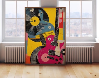 May include: A framed art print featuring a vibrant, abstract design of electric guitars and vinyl records. The artwork uses bold colors like pink, yellow, blue, and black. The print is displayed on a wooden floor, leaning against a wall near a window.