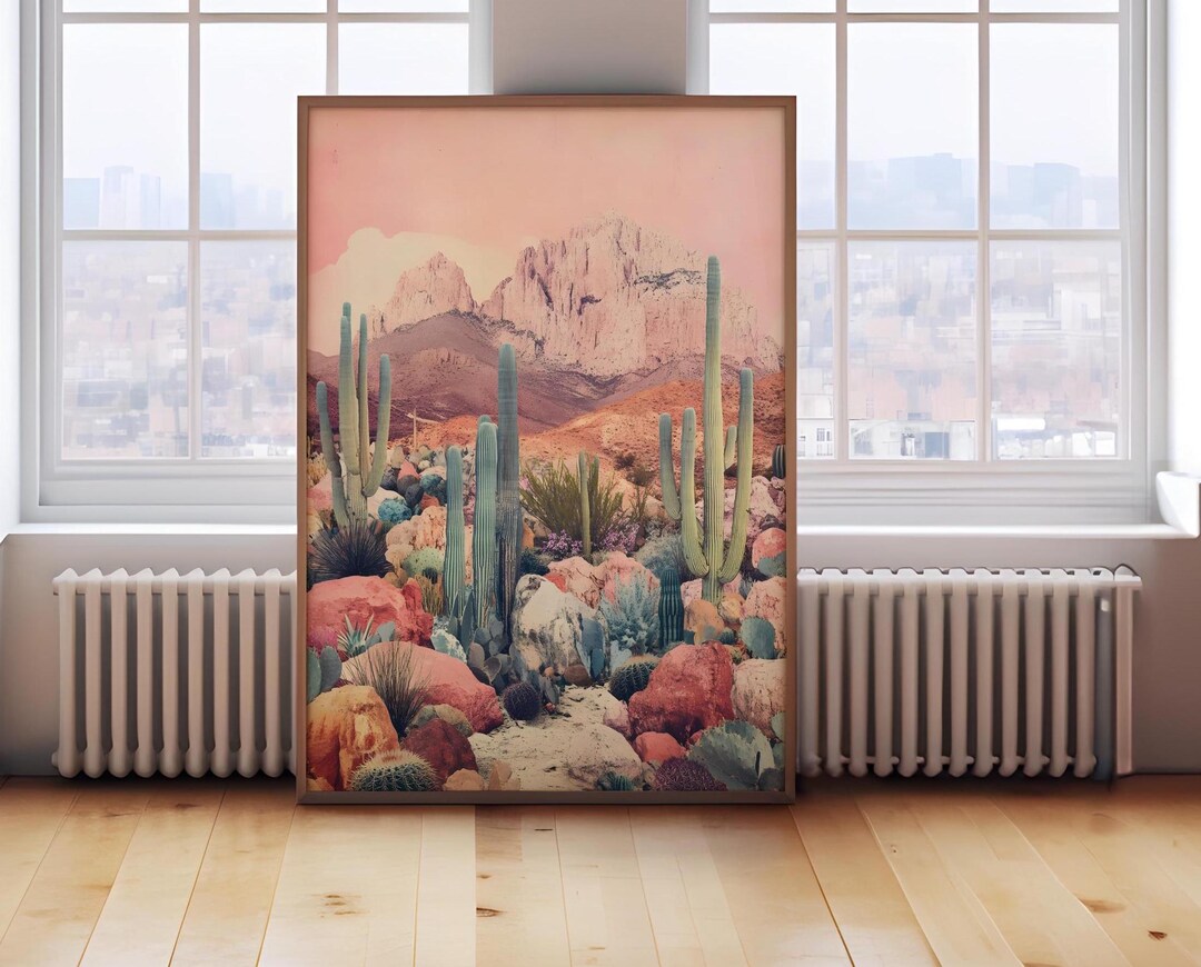 Desert Wall Art Print - Boho Cactus Landscape, Southwest Pink Mountain ...