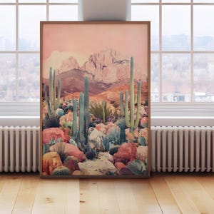 Kunstvoller Wüsten-Wand-Kunstdruck - Boho Kaktus-Landschaft, Südwest-Pink-Gebirgsdekor, modernes botanisches Plakat der Mitte des Jahrhunderts, Vintage Naturästhetik