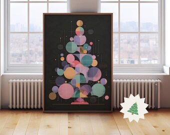 モダンなクリスマスツリープリント、抽象的なレトロなホリデーウォールアート、ファンキーなボヘミアンクリスマスデコレーション、トレンディな幾何学模様のクリスマスポスター、デジタルダウンロード