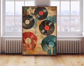 Op de afbeelding: Een vintage-geïnspireerde wandkunstprint met vijf vinylplaten met een verweerde, gelaagde look. De platen zijn in tinten rood, blauw en zwart, met een textuurrijke achtergrond.