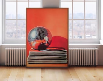 Retro Music Poster, Vintage Vinyl Wall Art, Disco Ball Funky Music Print, Music Wall Art-Trendy Decor, Digital Download, Large Print-DIY art
