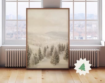 雪の降るクリスマスの冬景色、ヴィンテージクリスマスホリデーデコレーション、北欧の農家風デコレーション、スカンジナビアのクリスマスウォールアート、デジタルプリント