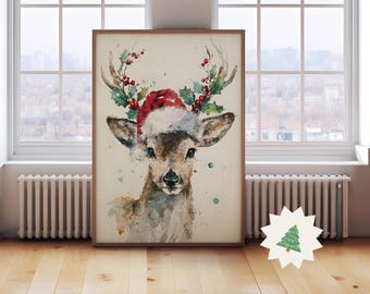 水彩画のクリスマストナカイのウォールアート、サンタの帽子をかぶったホリデー鹿のプリント、素朴な農家風クリスマスデコレーション、クリスマスプリント、デジタルダウンロード