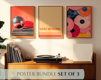 Retro Musik Poster, 3er-Set Musik Wand Kunst Drucke, Disco Ball und Schallplatte Bundle, Bunte Galerie Wand Dekoration, Funky Digitaler Download