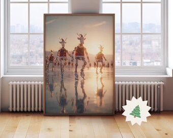 未来的なロボットトナカイのクリスマスプリント、レトロなサイバーパンクのホリデーウォールアート、ユニークな冬の装飾、トレンディなポスター、ファンキーで楽しいデジタルダウンロード