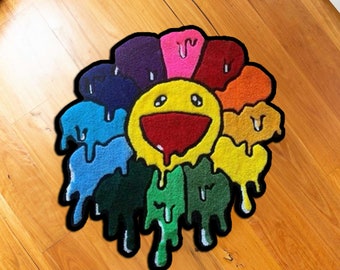 Regenbogen schmelzender Smiley-Teppich, Blumenteppich, Runder Teppich, Lächeln auf, Takashi Murakami, Blumenrunder Teppich, personalisierter Teppich, minimalistischer runder Teppich, Kaktus