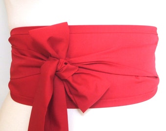 Red Obi Belt / Sash for party Christmas dress or kimono robe - Wide red fabric sash belt wrap tie