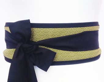 Obi belt sash ... Japanese fabric belt for a kimono yukata robe ... traditional seigaiha sashiko wave pattern ... green and black