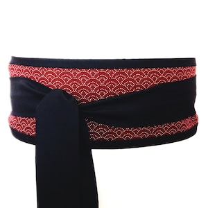 Obi belt red traditional Japanese seigaiha dot waves sashiko pattern fabric with black ties kimono yukata dress robe sash wrap style image 2