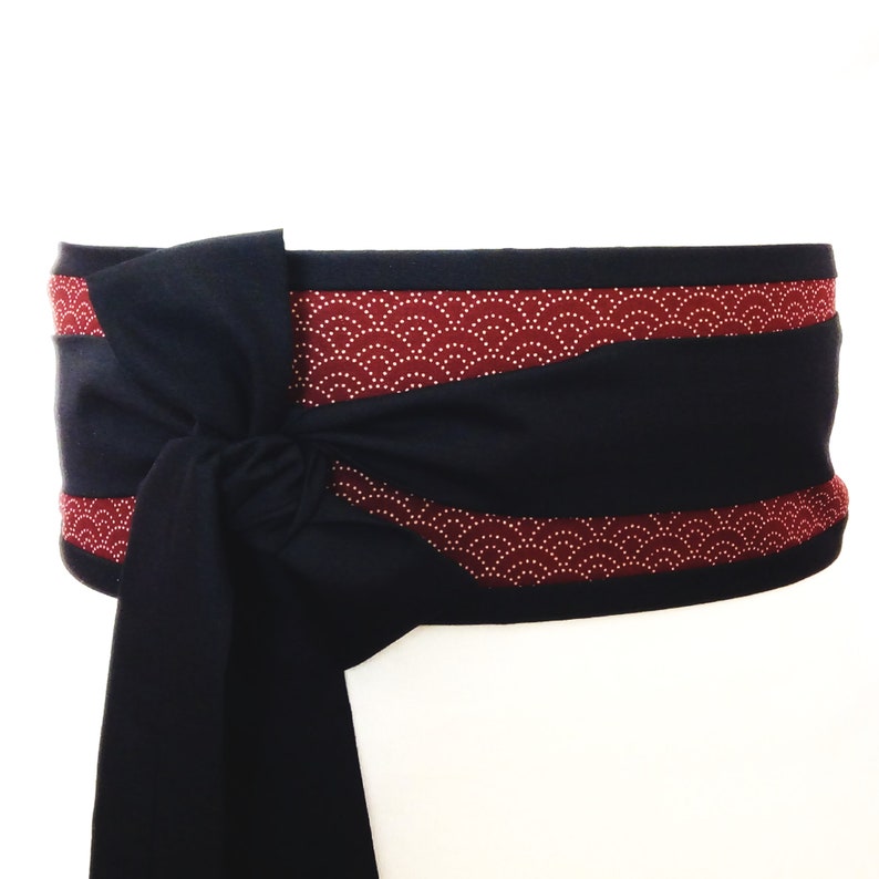 Obi belt red traditional Japanese seigaiha dot waves sashiko pattern fabric with black ties kimono yukata dress robe sash wrap style image 1