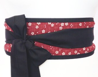Red and black Obi sash with Japanese sakura cherry blossom flowers - fabric wrap for kimono yukata dress robe - Beautiful waist tie belt