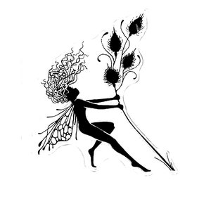 May include: Black and white silhouette of a fairy with wings holding a branch of flowers.