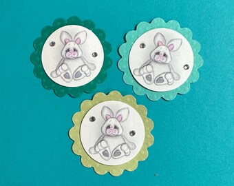 3 pc Round Scalloped Embellishments, Bunny