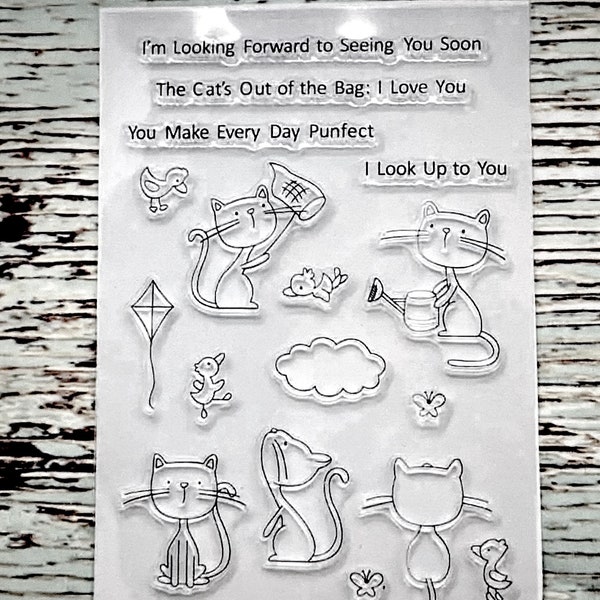 15 pc Brand New, Never Used Cling Stamp Set, Kitty Cats, Sentiments, Kite, Ducks, Butterfly