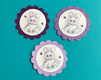 3 pc Round Scalloped Embellishments, Bunny