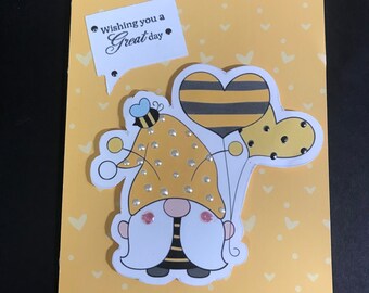 Die Cut, Printed Graphic And Layered Friendship Card, Gnome,  Bee, Heart Balloons, Wishing You A Great Day, Yellow, White, Black, Blank