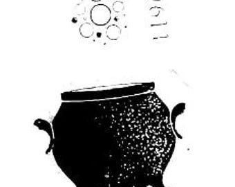 May include: A black and white graphic illustration of a three-legged cauldron with two side handles. Above the cauldron, there is a cluster of various sized circles and the text 1967 oriented vertically. The design features a speckled texture.