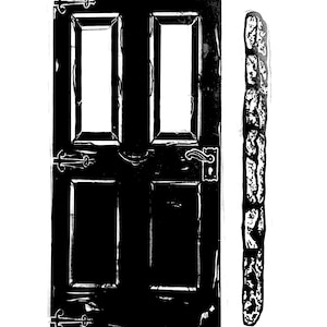 May include: Black and white illustration of a wooden door with two rectangular windows and decorative hinges. A textured, vertical element is positioned to the right. The text "Q2499" is in the upper right corner.