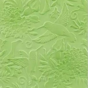May include: A light green embossed paper with a repeating pattern of hummingbirds, flowers, and foliage. The design is a relief, creating a textured surface. The overall theme is nature and botanical.