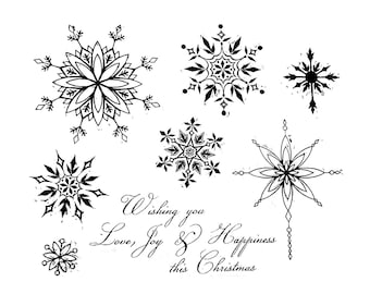 8 pc Brand New, Cling Stamp, Christmas, Snowflakes, Sentiment