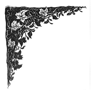May include: Black and white corner design featuring stylized leaves and vines. The intricate artwork creates a decorative border, perfect for adding an elegant touch to various craft projects or designs. The design is set against a white background.
