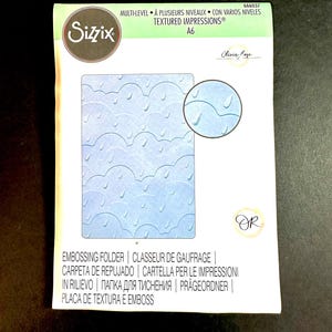 May include: A white embossing folder with a blue textured design of raindrops and waves. The folder is labeled "Sizzix Textured Impressions A6" and "666037".
