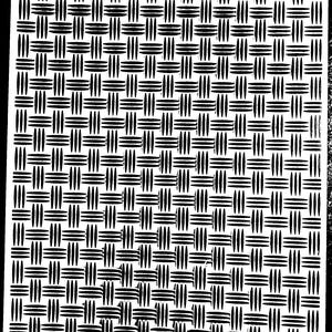 May include: A black and white woven pattern with a basket weave design. The pattern consists of horizontal and vertical lines that intersect to create a textured surface. The design is on a white background with a black border.