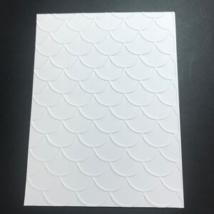 May include: White embossed cardstock with a repeating pattern of raised, overlapping semicircles, resembling fish scales.