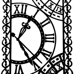 May include: Black metal wall clock with Roman numerals and ornate hands. The clock face is partially visible, featuring the numbers XII, I, II, III, IV, V, VI, IX, and X. The clock has a decorative, scrolled border.