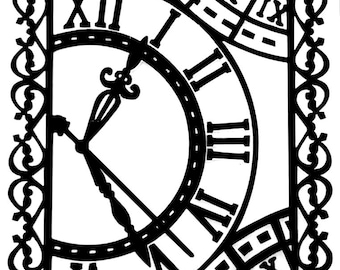 Puede incluir: Reloj de pared de metal negro con números romanos y manecillas ornamentadas. La esfera del reloj es parcialmente visible, con los números XII, I, II, III, IV, V, VI, IX y X. El reloj tiene un borde decorativo.
