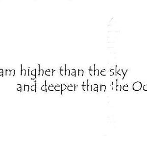 May include: A white background with the text "Dream higher than the sky and deeper than the Ocean" in a handwritten font. The edges of the image have a decorative, abstract black and white design.
