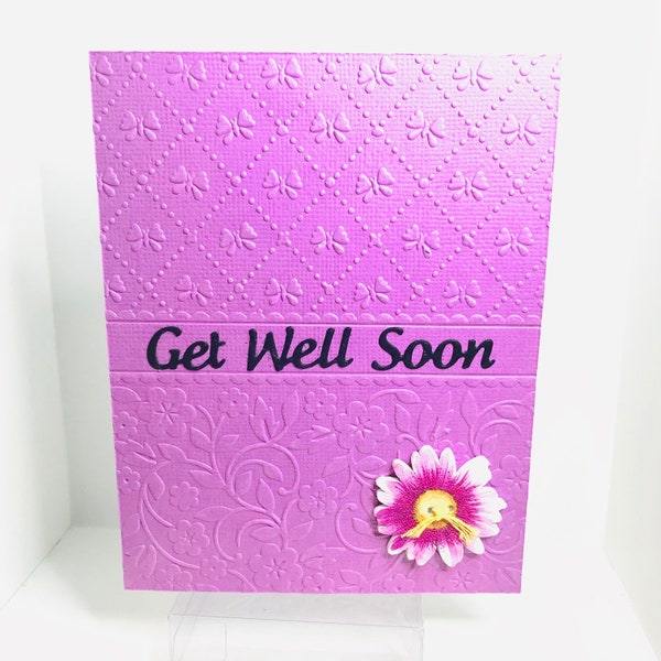 Embossed Get Well Soon Card Purple Card Two Different Embossed Designs Wooden Flower Button Envelope Included Cello Sleeve Vinyl Sentiment