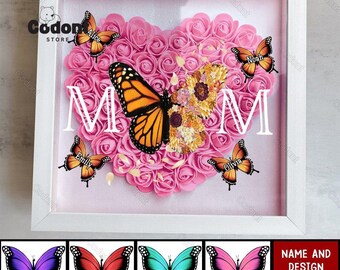 Personalized Mom Butterfly Flower Shadow Box, Flower Heart Shadow Box for Mom, Heart Shadow Box With Names, Mother's Day Gift, Gift For Mom