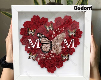 Caja de sombras de corazón de flores personalizada para mamá, caja de sombras de flores de mariposa de mamá, caja de sombras de rosas con nombres, regalo del día de la madre, regalo para mamá