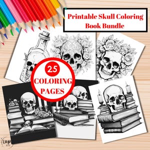25 Skull Coloring Book Bundle, Printable Coloring Book for Adults, Skulls Digital Coloring Book, Printable skull & skeleton Coloring Pages