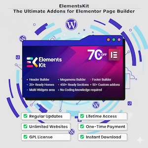 May include: A promotional graphic for ElementsKit, the ultimate add-ons for Elementor Page Builder. The design features a dark blue and purple interface with the ElementsKit logo, a 70% off promotion, and key features like Header Builder and 450+ ready sections. Includes text: Regular Updates, Lifetime Access.
