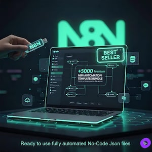 May include: A laptop displays a "Best Seller" graphic with the text "+5000 Premium N8N Automation Templates Bundle." A USB drive with "N8N" on it is held nearby. The image also includes the text "Ready to use fully automated No-Code Json files."