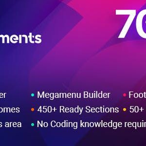 May include: A promotional graphic for Elements Kit, featuring a logo and text on a gradient purple background. The text highlights features like Header Builder, 20+ Ready Homes, and 450+ Ready Sections. A large "70% OFF" is displayed.