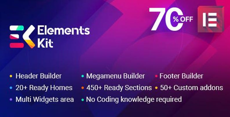 May include: A promotional graphic for Elements Kit, featuring a logo and text on a gradient purple background. The text highlights features like Header Builder, 20+ Ready Homes, and 450+ Ready Sections. A large "70% OFF" is displayed.