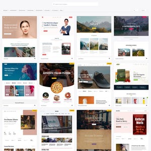 May include: A collection of website templates with various themes, including beauty, personal portfolios, nature, and Italian cuisine. The templates feature images, text, and design elements, with the question "What type of website are you building?" at the top.