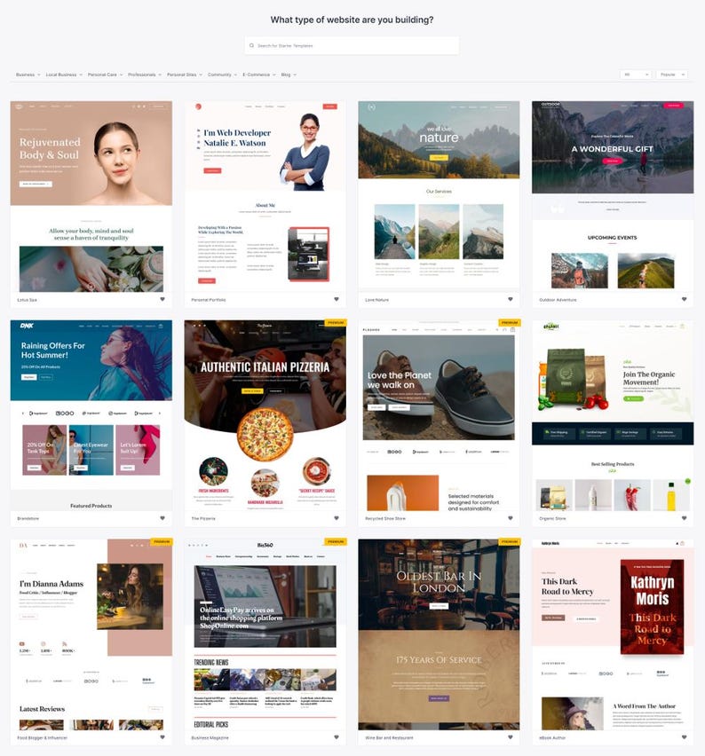 May include: A collection of website templates with various themes, including beauty, personal portfolios, nature, and Italian cuisine. The templates feature images, text, and design elements, with the question "What type of website are you building?" at the top.