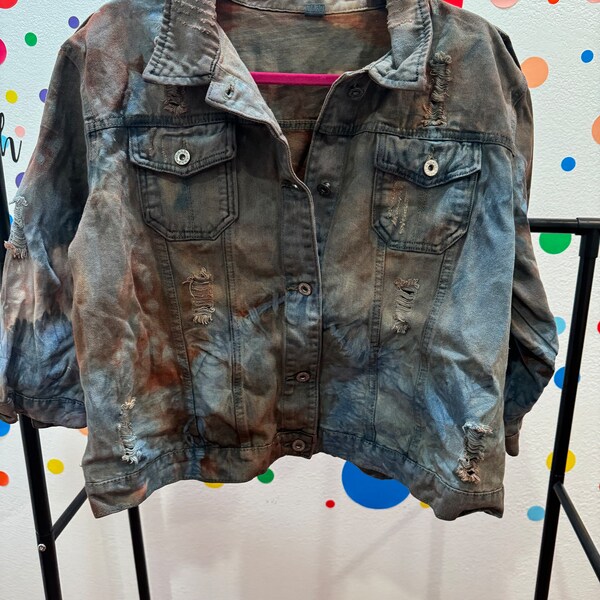 Orange, blue and grey tie-dye denim jacket. Women’s 2x.